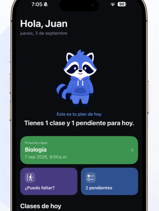 Pantalla de inicio de UniChill mostrando el plan del día, la próxima clase y accesos a ¿Puedo faltar? y Pendientes