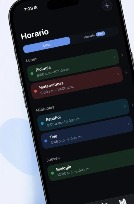 Pantalla de Horario de UniChill mostrando la semana organizada por día con clases coloreadas