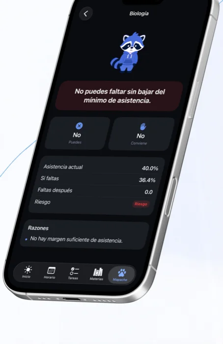 Pantalla ¿Puedo faltar? de UniChill mostrando el riesgo de faltar a Biología con asistencia actual y razones
