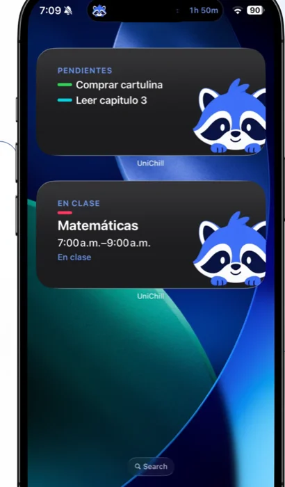 Widget de pantalla de inicio de UniChill mostrando pendientes y la clase en curso